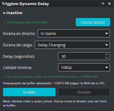 Trigglow Dynamic Delay panel in OBS