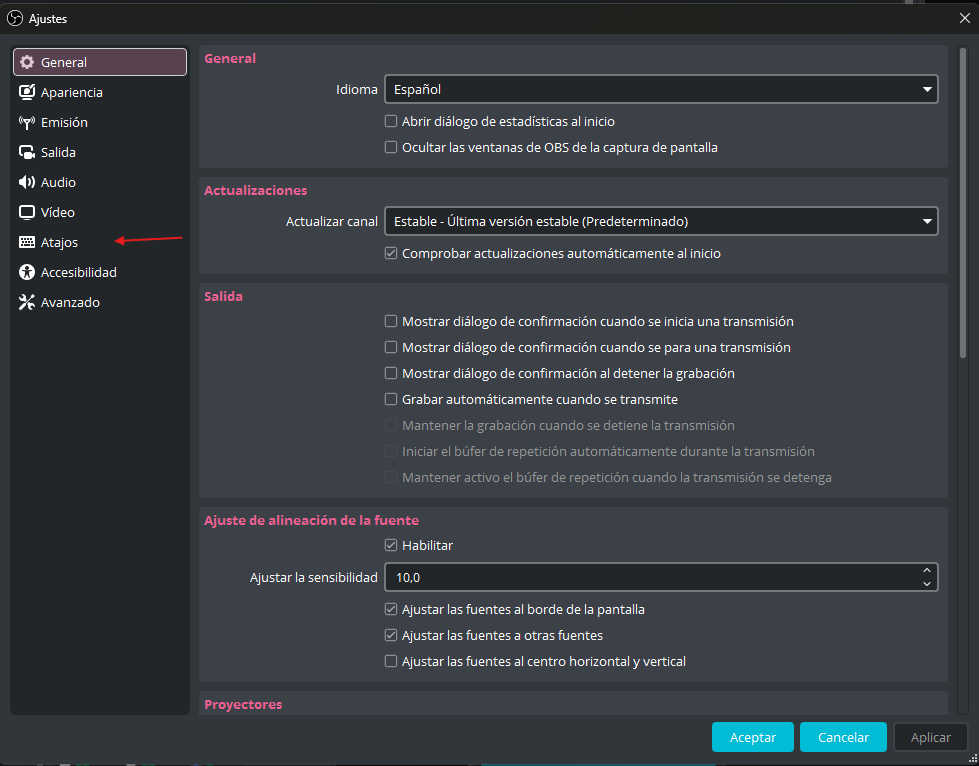OBS Settings menu